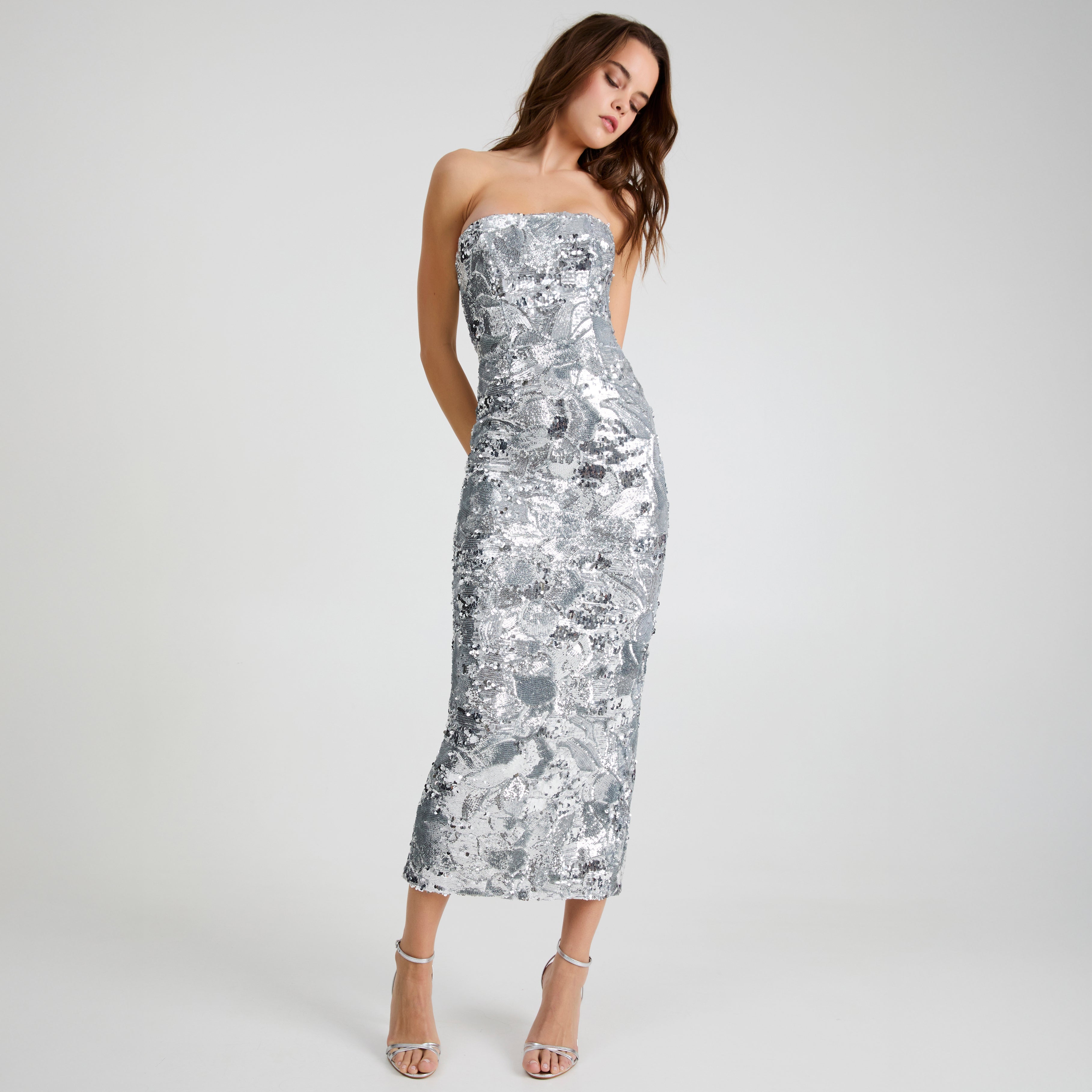 helsi naomi strapless metallic fringe midi dress LESLIE