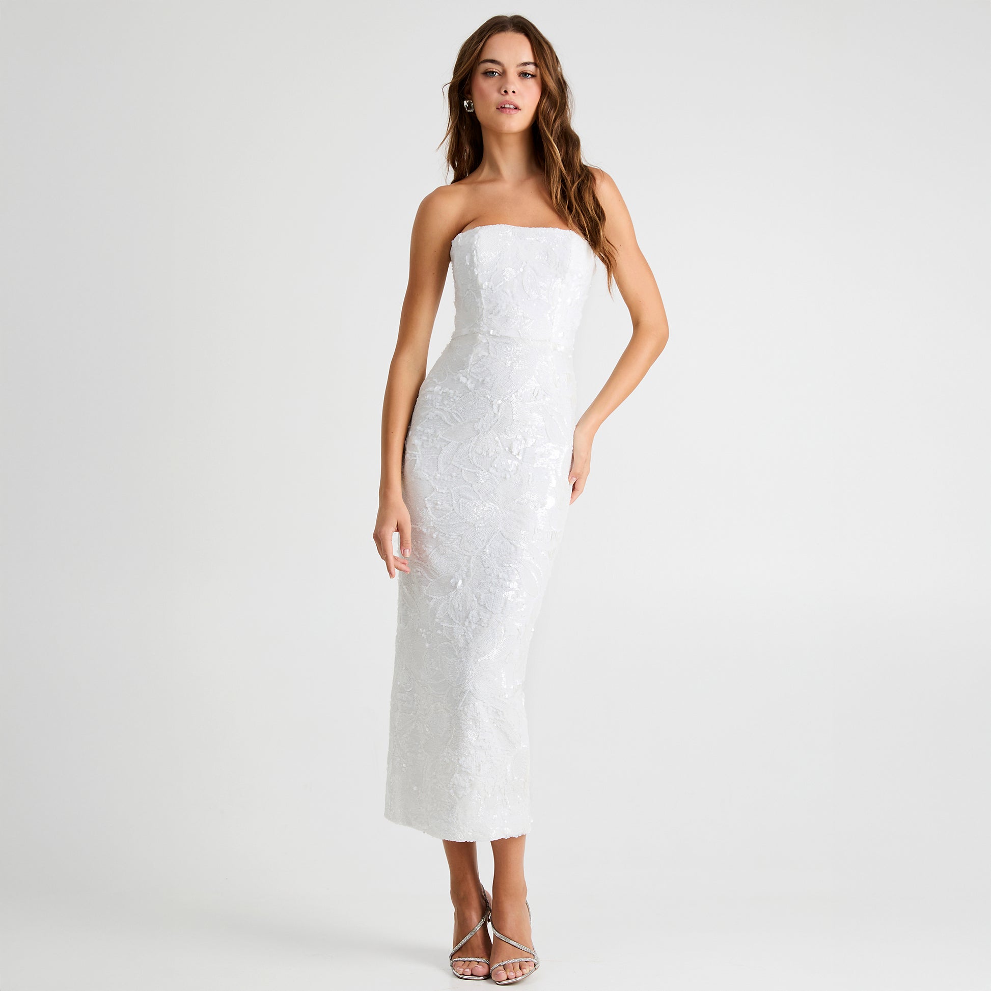 helsi leslie strapless sequin mesh midi dress Helsi Leslie Strapless Stretch Sequin Midi Dress