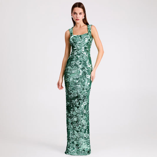 helsi nora deep v-neck sequin & applique midi dress HELSI Norah Sequin Deep V-Neck Applique Gown