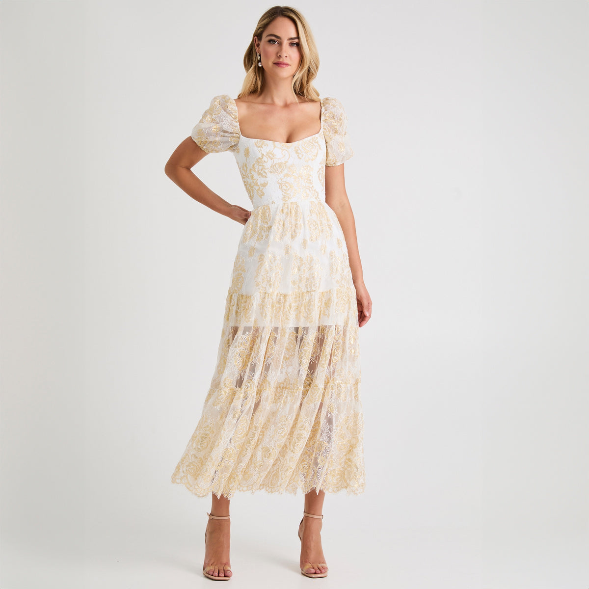 helsi clara puff-sleeve appliqué a-line maxi dress CORINNE OFF WHITE/GOLD / XS Color:Dusty Rose Non stretch tag:Outlet A-Line Scoop Neck 1/2